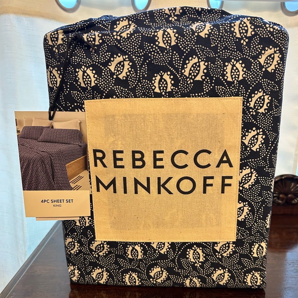 Rebecca Minkoff Cotton Percale King Sheet Set Navy Bandana Blue & White NIP
